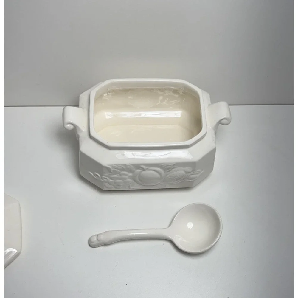 Vintage Glazed Ceramic‎ Tureen Made in Japan • White Fruit Design • Lid & Spoon